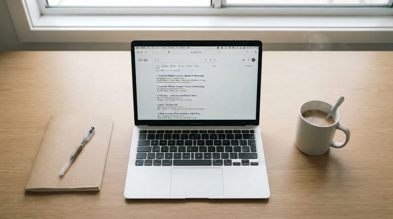 A tidy desk with a laptop open on a plain search-results page, a notebook and a coffee cup beside it, no screens showing any casino branding.