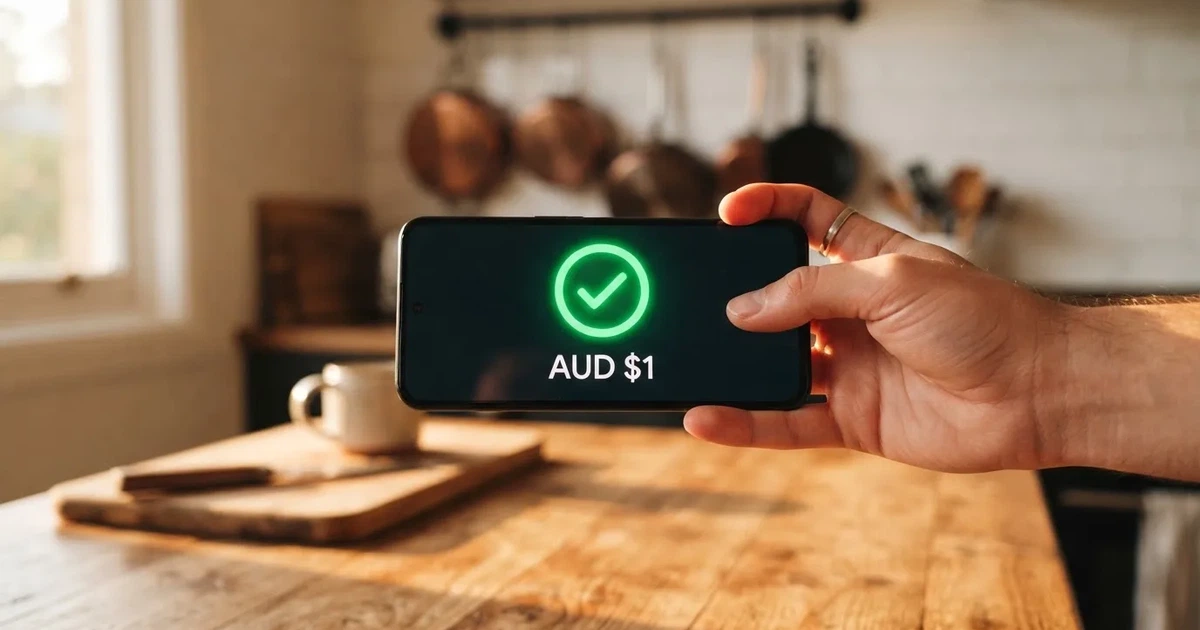 A smartphone screen showing a generic bank-transfer confirmation tick, held over a kitchen table.