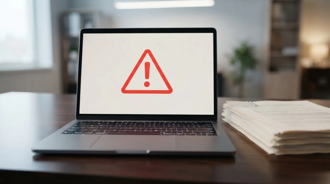 A red triangular warning sign icon on a laptop screen next to a stack of legal papers, symbolising an official caution rather than any specific website.