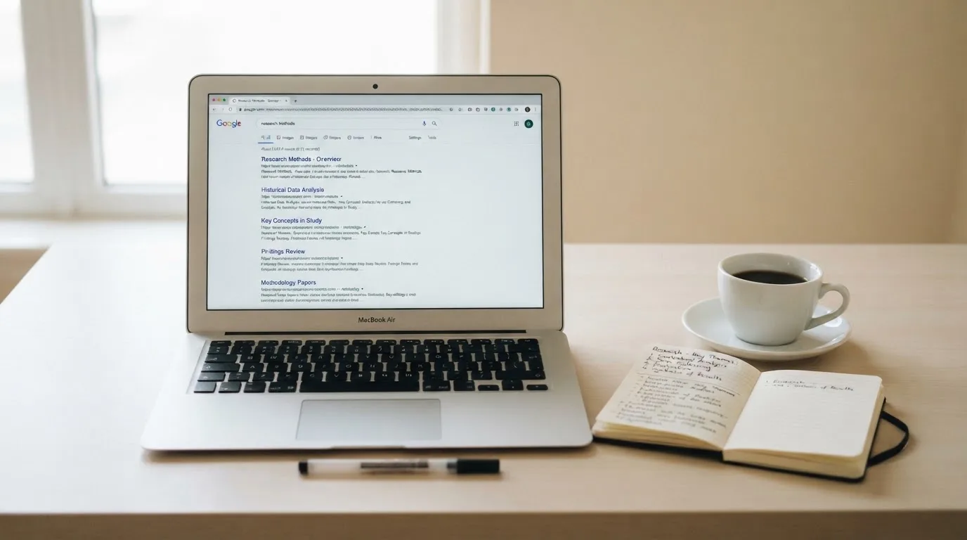 A tidy desk with a laptop open on a plain search-results page, a notebook and a coffee cup beside it, no screens showing any casino branding.