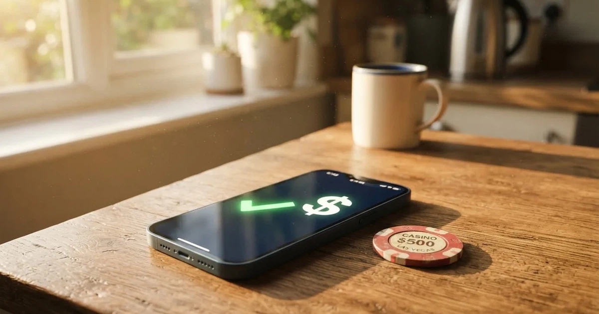 A smartphone screen showing a generic bank-transfer confirmation tick, held over a kitchen table.