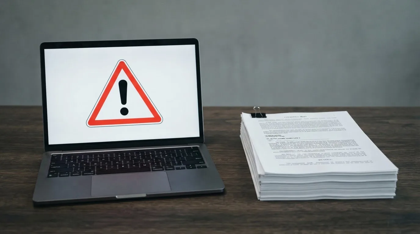 A red triangular warning sign icon on a laptop screen next to a stack of legal papers, symbolising an official caution rather than any specific website.