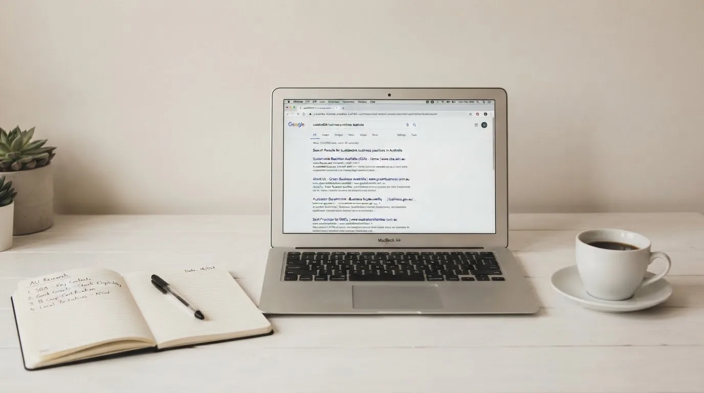 A tidy desk with a laptop open on a plain search-results page, a notebook and a coffee cup beside it, no screens showing any casino branding.