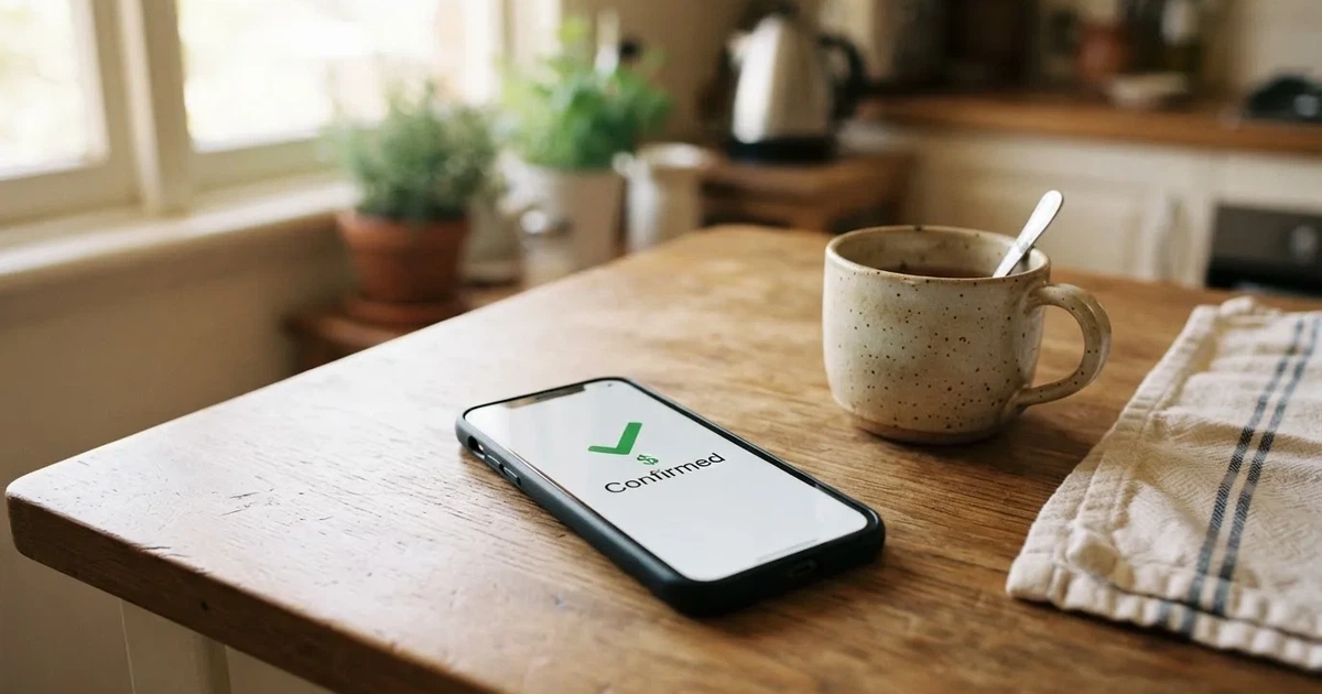 A smartphone screen showing a generic bank-transfer confirmation tick, held over a kitchen table.