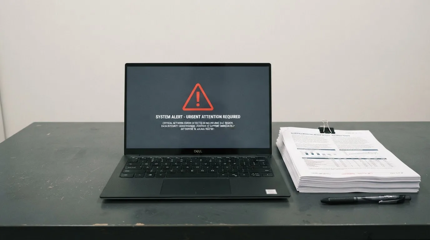 A red triangular warning sign icon on a laptop screen next to a stack of legal papers, symbolising an official caution rather than any specific website.