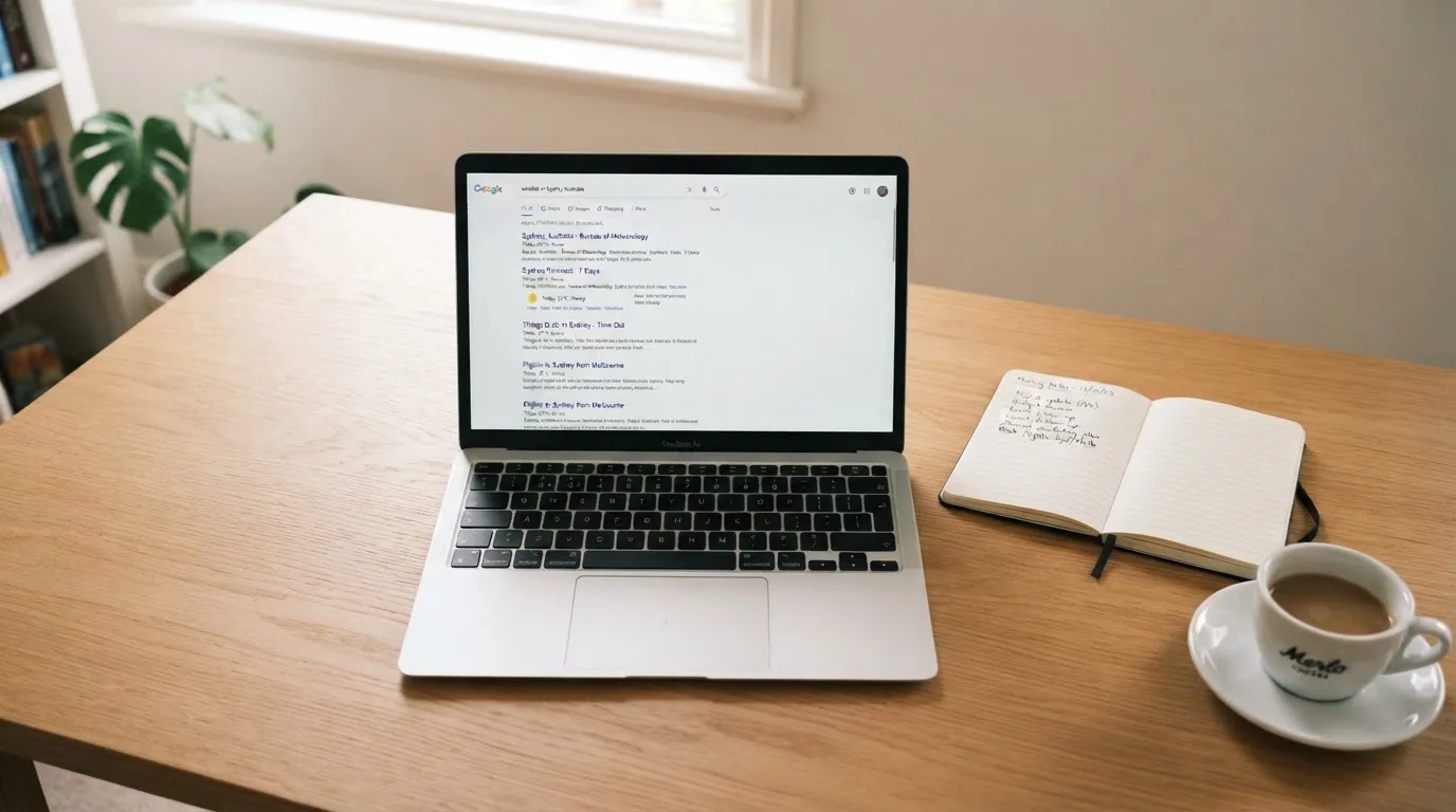 A tidy desk with a laptop open on a plain search-results page, a notebook and a coffee cup beside it, no screens showing any casino branding.