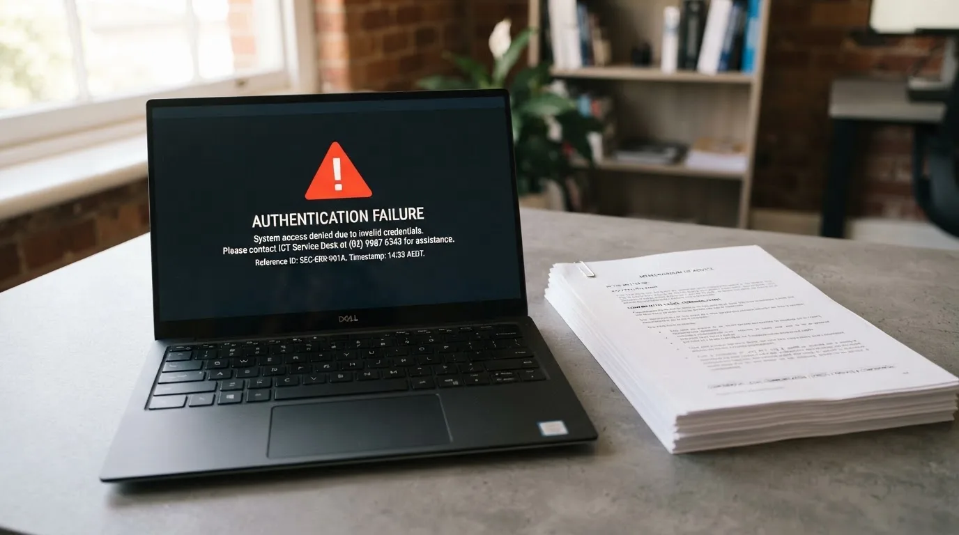 A red triangular warning sign icon on a laptop screen next to a stack of legal papers, symbolising an official caution rather than any specific website.