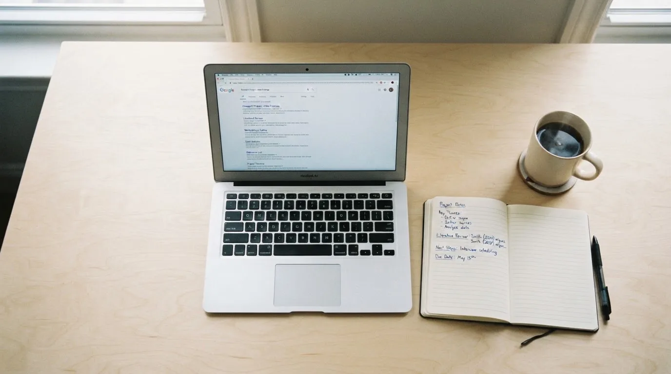 A tidy desk with a laptop open on a plain search-results page, a notebook and a coffee cup beside it, no screens showing any casino branding.