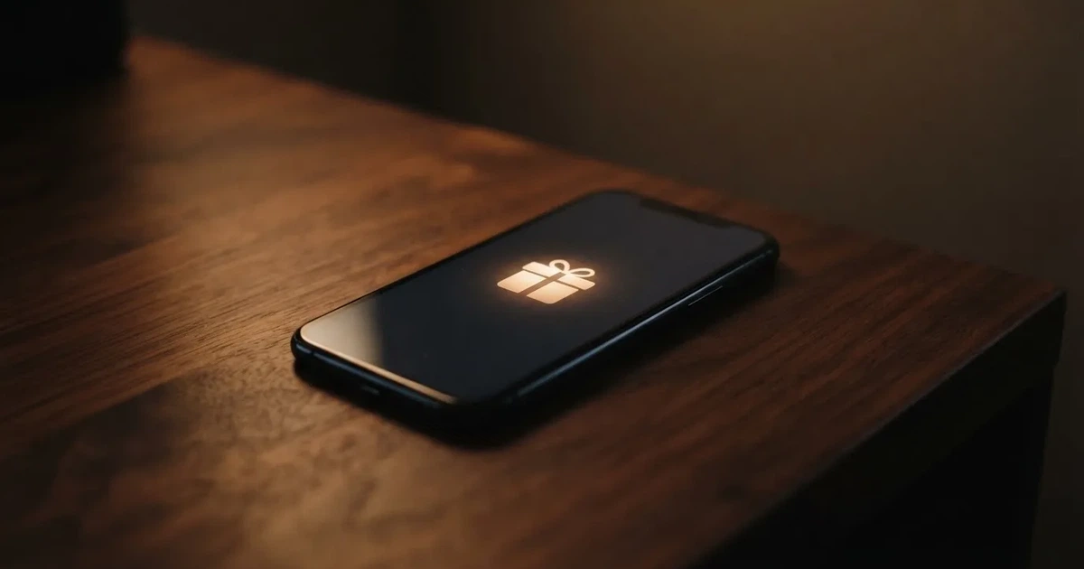 A gift box icon glowing on a phone screen, held at arm's length, suggesting an unopened offer rather than an active game.