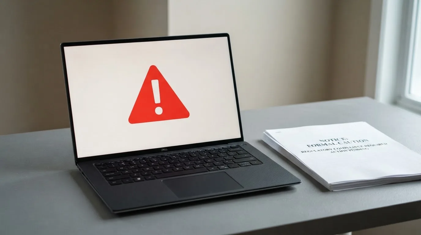 A red triangular warning sign icon on a laptop screen next to a stack of legal papers, symbolising an official caution rather than any specific website.