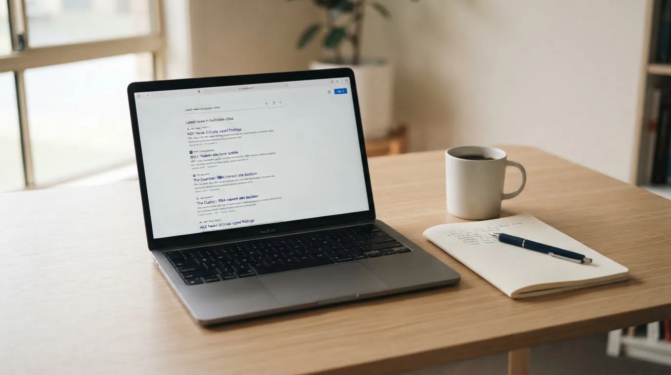 A tidy desk with a laptop open on a plain search-results page, a notebook and a coffee cup beside it, no screens showing any casino branding.