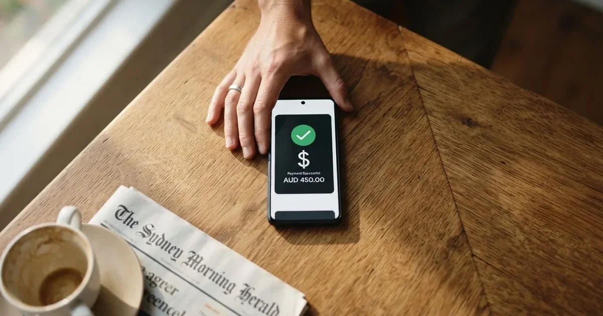 A smartphone screen showing a generic bank-transfer confirmation tick, held over a kitchen table.