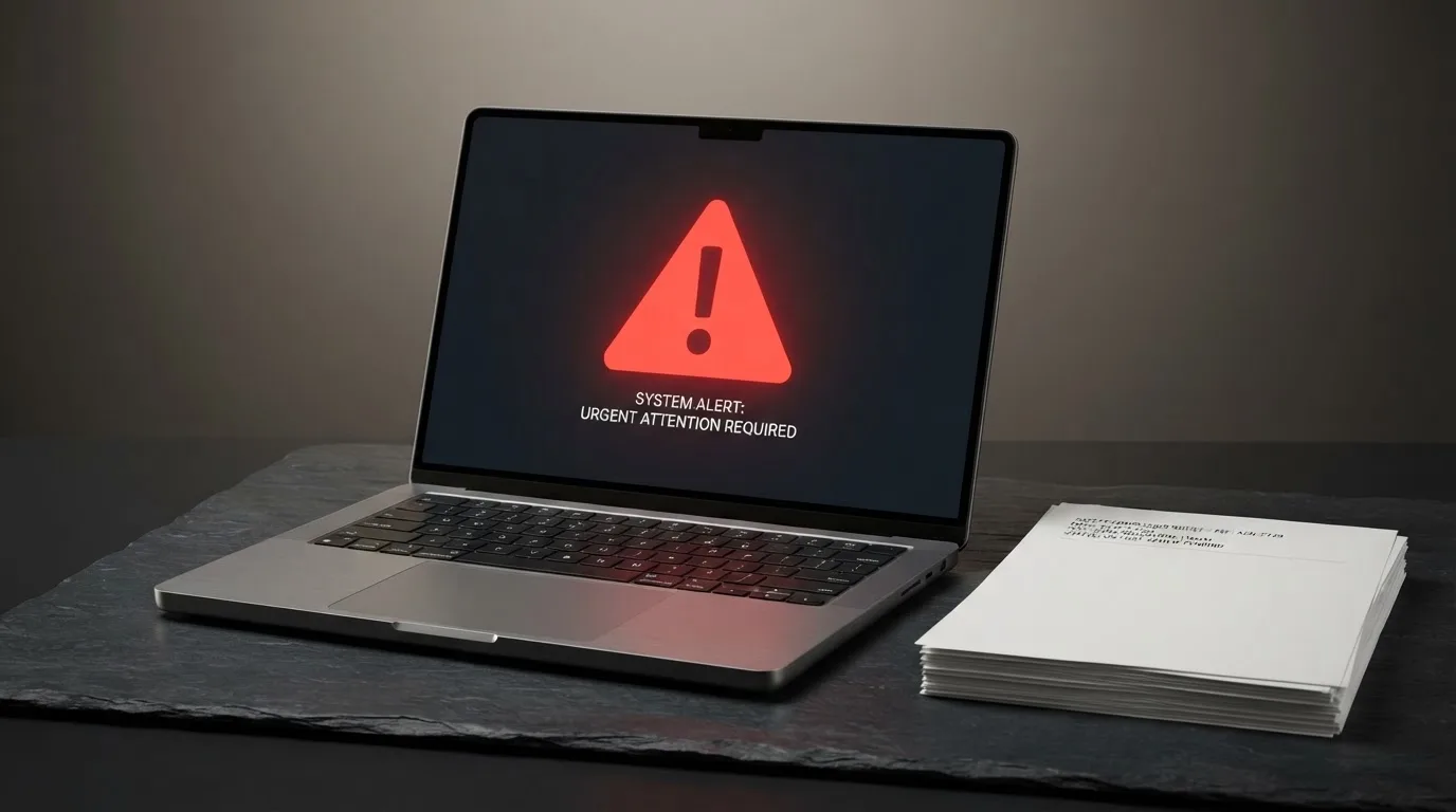 A red triangular warning sign icon on a laptop screen next to a stack of legal papers, symbolising an official caution rather than any specific website.