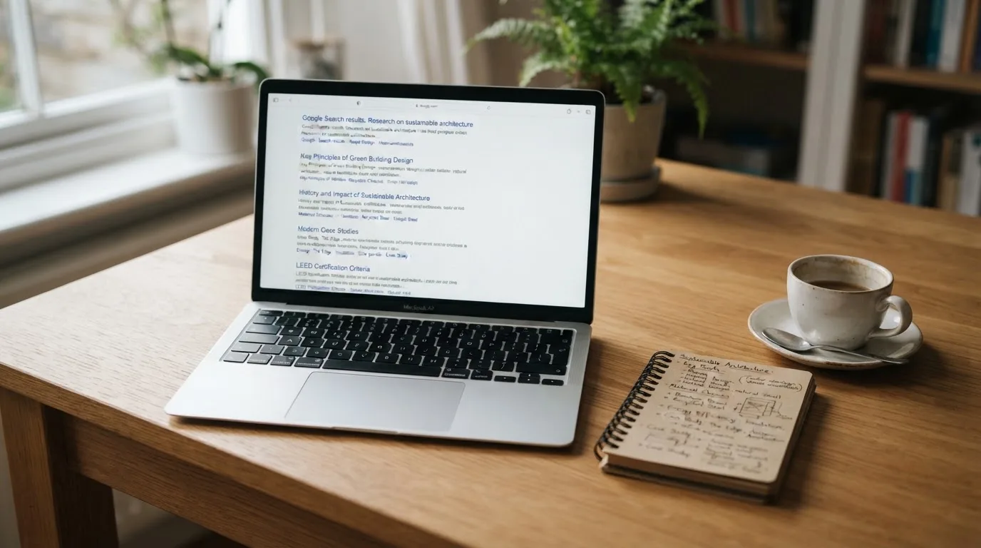 A tidy desk with a laptop open on a plain search-results page, a notebook and a coffee cup beside it, no screens showing any casino branding.