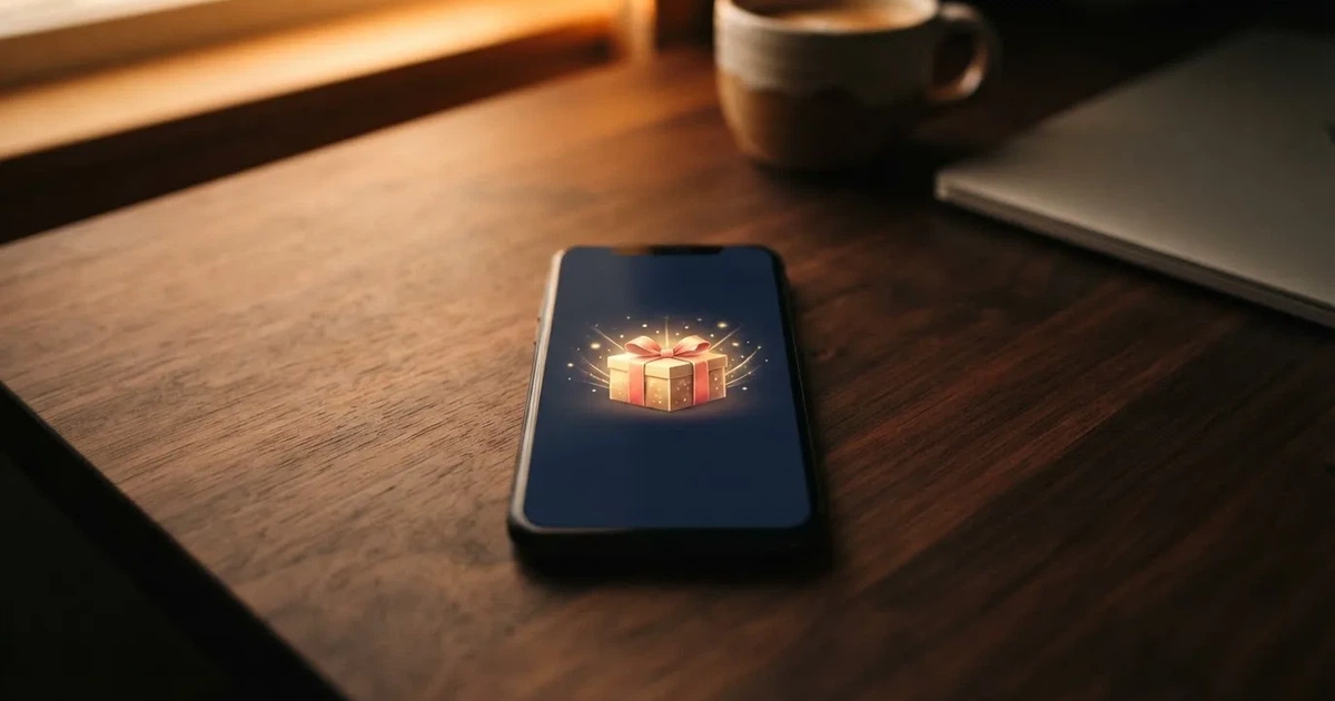 A gift box icon glowing on a phone screen, held at arm's length, suggesting an unopened offer rather than an active game.