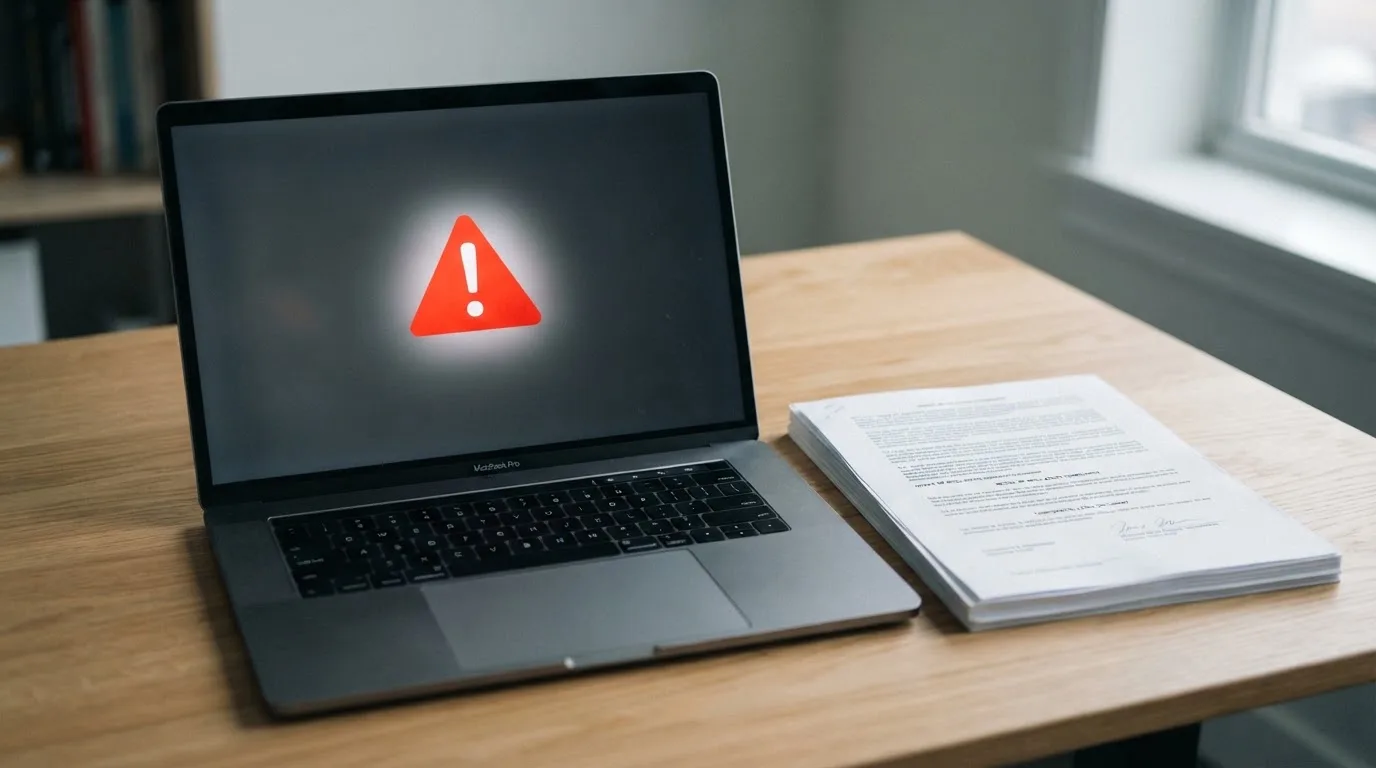 A red triangular warning sign icon on a laptop screen next to a stack of legal papers, symbolising an official caution rather than any specific website.