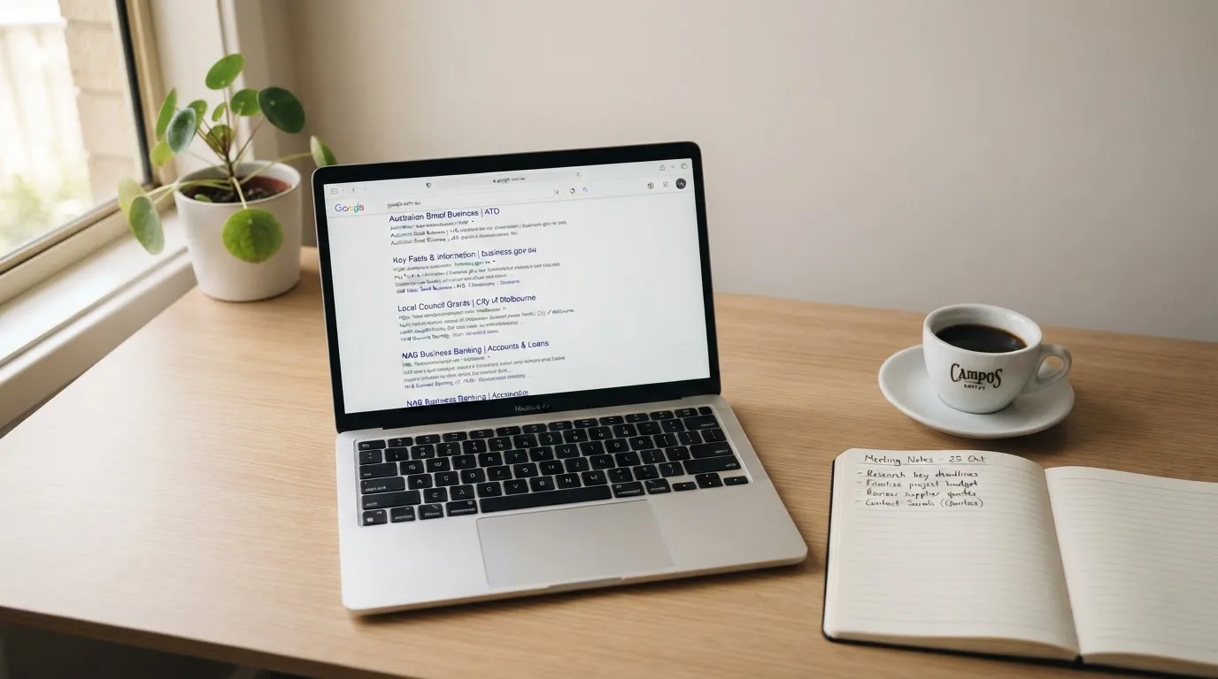 A tidy desk with a laptop open on a plain search-results page, a notebook and a coffee cup beside it, no screens showing any casino branding.