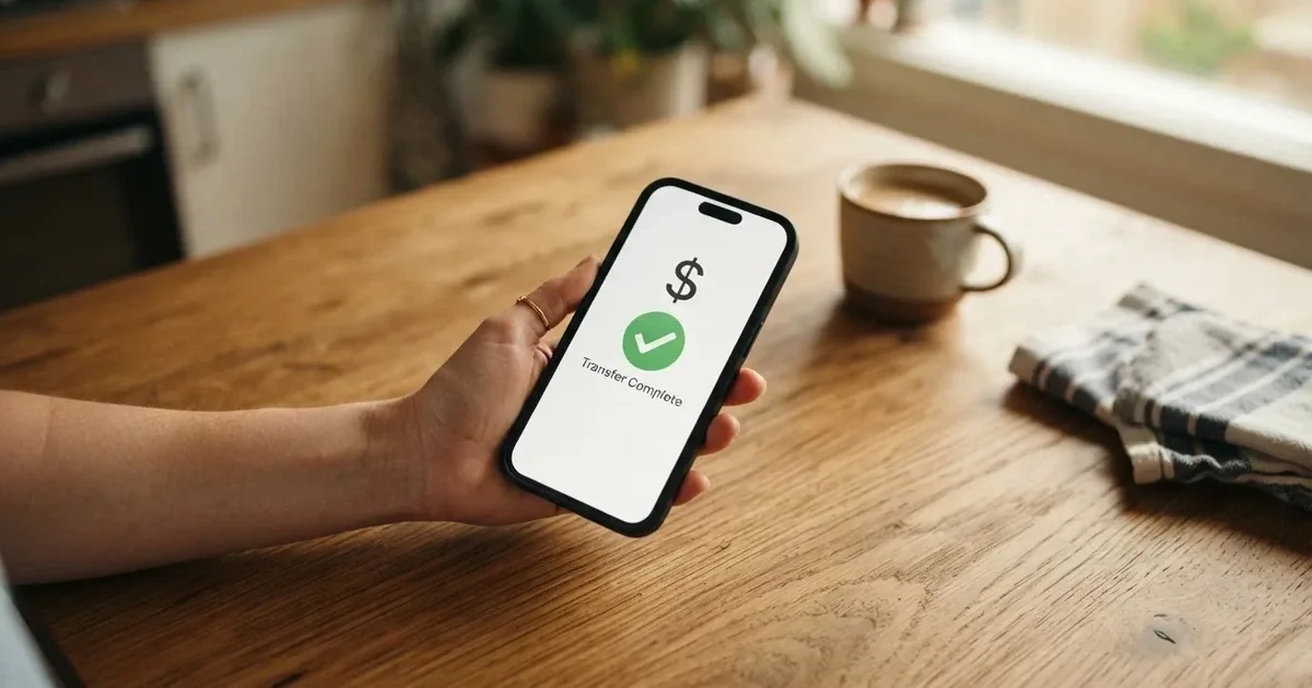 A smartphone screen showing a generic bank-transfer confirmation tick, held over a kitchen table.