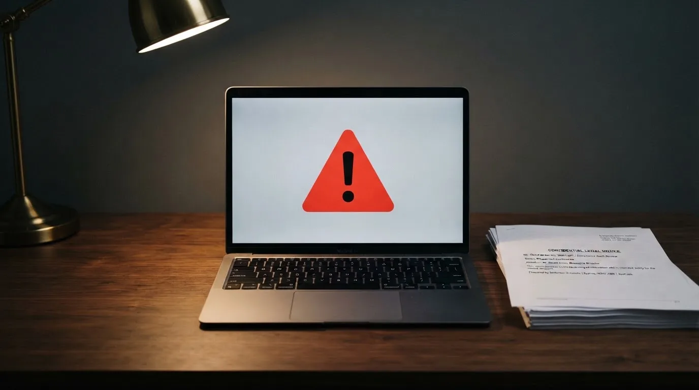 A red triangular warning sign icon on a laptop screen next to a stack of legal papers, symbolising an official caution rather than any specific website.