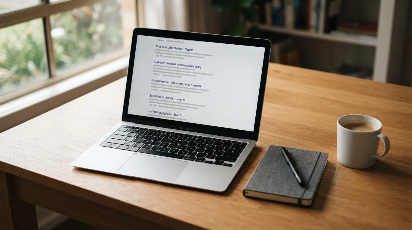 A tidy desk with a laptop open on a plain search-results page, a notebook and a coffee cup beside it, no screens showing any casino branding.