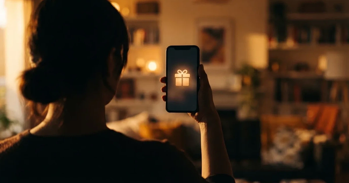 A gift box icon glowing on a phone screen, held at arm's length, suggesting an unopened offer rather than an active game.