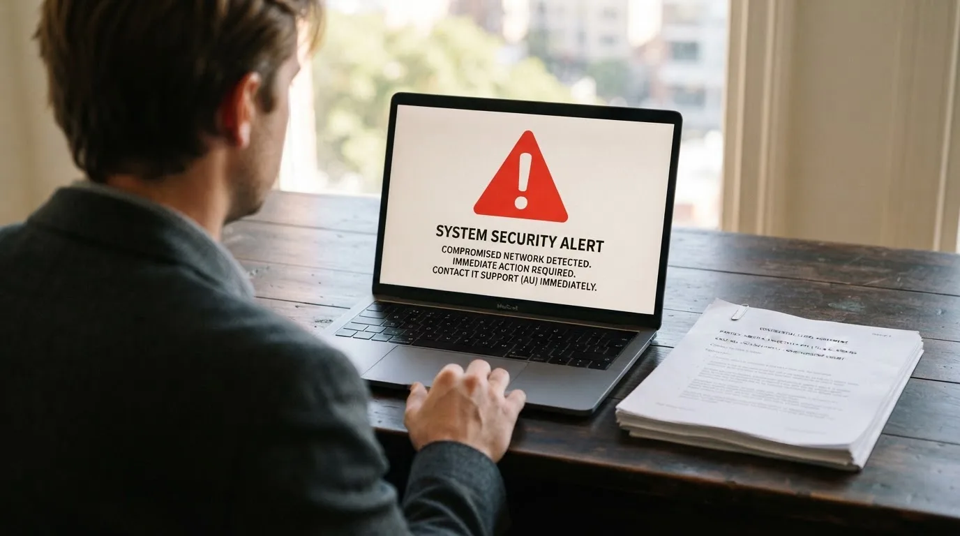 A red triangular warning sign icon on a laptop screen next to a stack of legal papers, symbolising an official caution rather than any specific website.