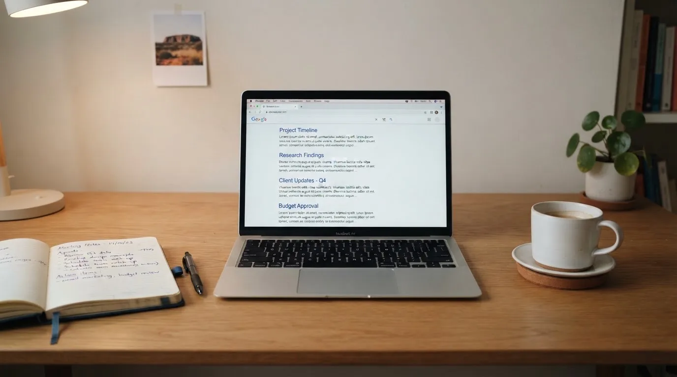 A tidy desk with a laptop open on a plain search-results page, a notebook and a coffee cup beside it, no screens showing any casino branding.