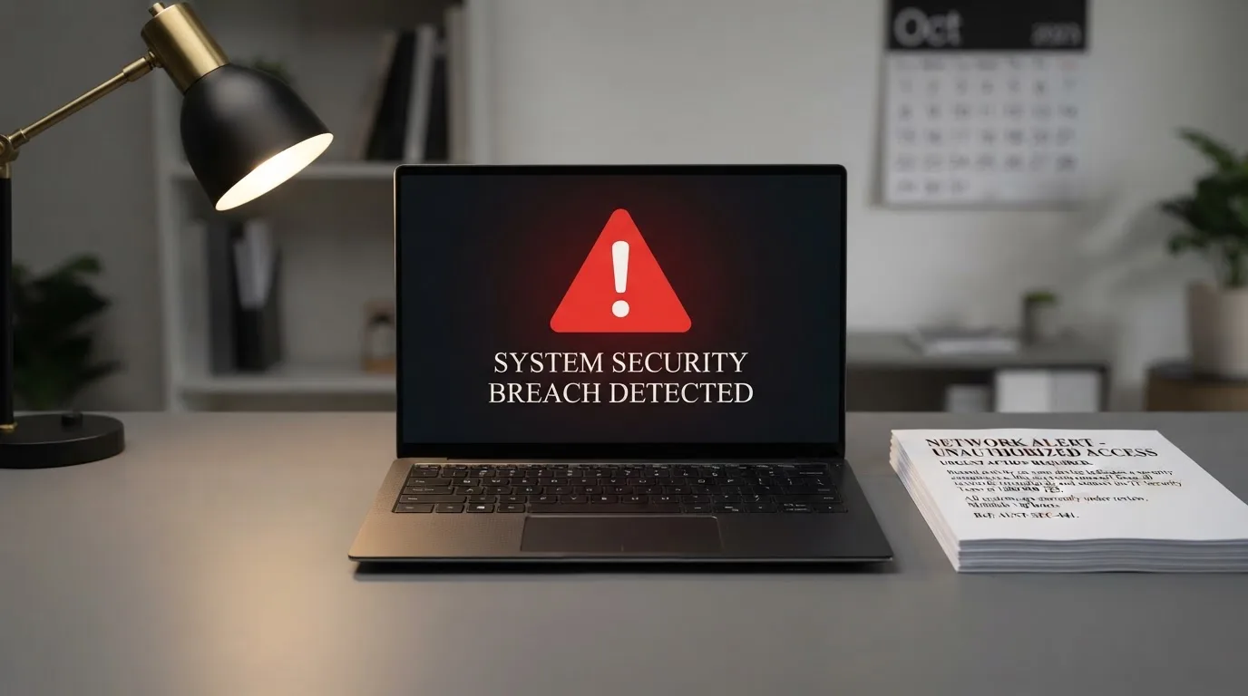 A red triangular warning sign icon on a laptop screen next to a stack of legal papers, symbolising an official caution rather than any specific website.