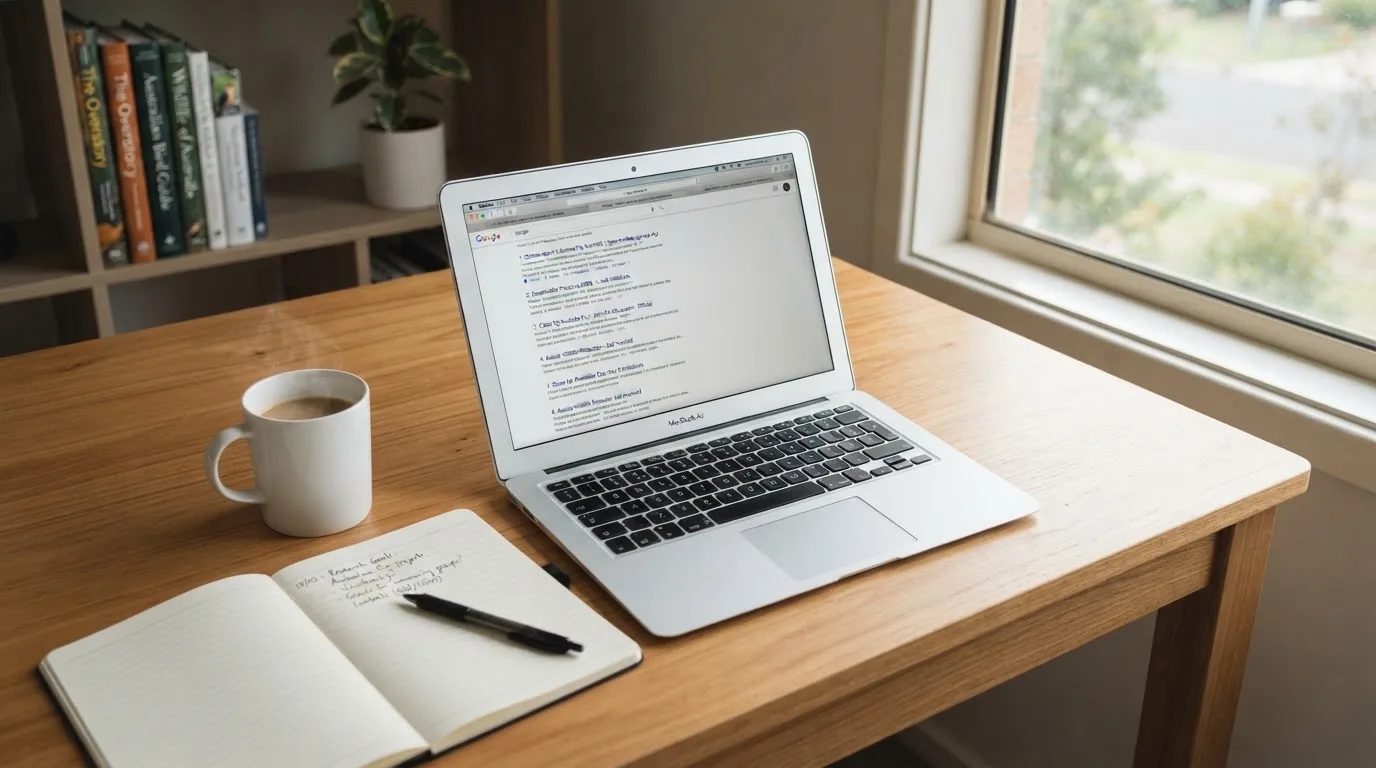 A tidy desk with a laptop open on a plain search-results page, a notebook and a coffee cup beside it, no screens showing any casino branding.