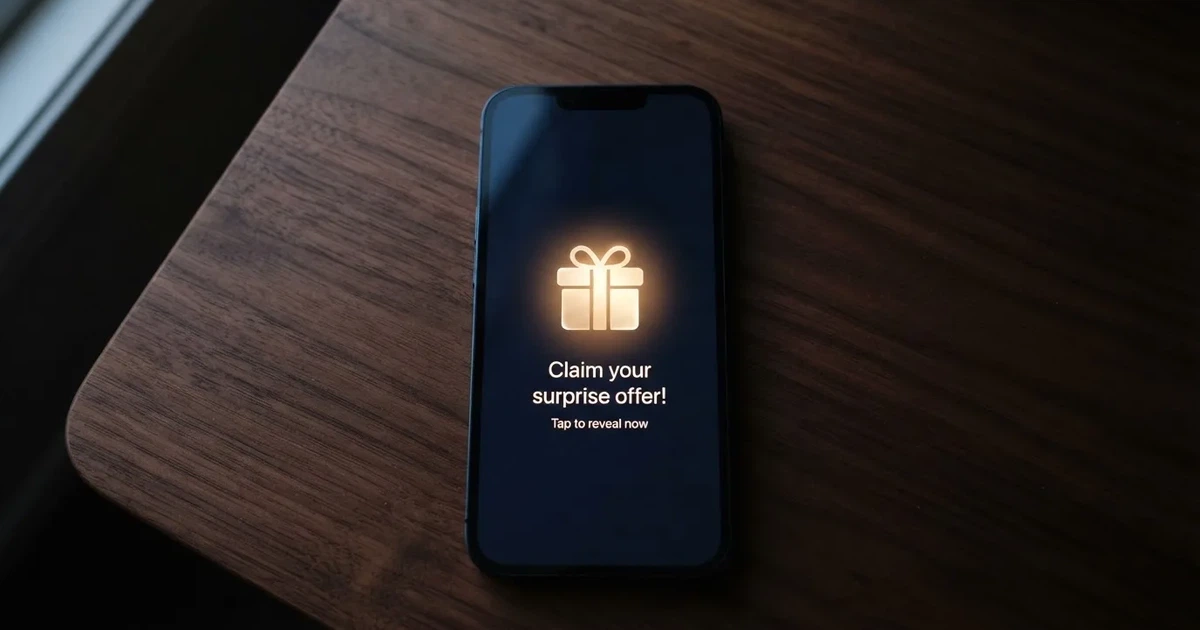 A gift box icon glowing on a phone screen, held at arm's length, suggesting an unopened offer rather than an active game.
