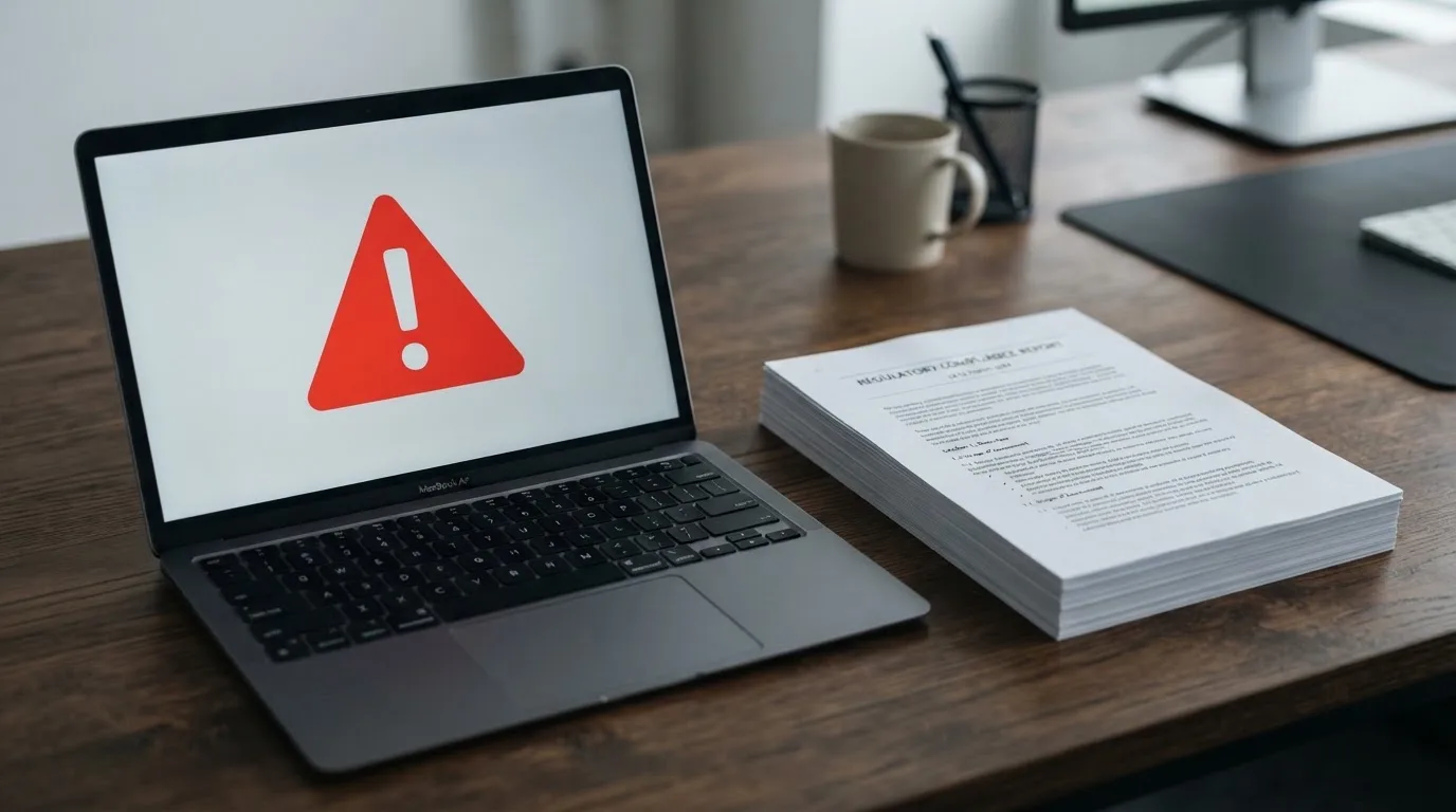 A red triangular warning sign icon on a laptop screen next to a stack of legal papers, symbolising an official caution rather than any specific website.