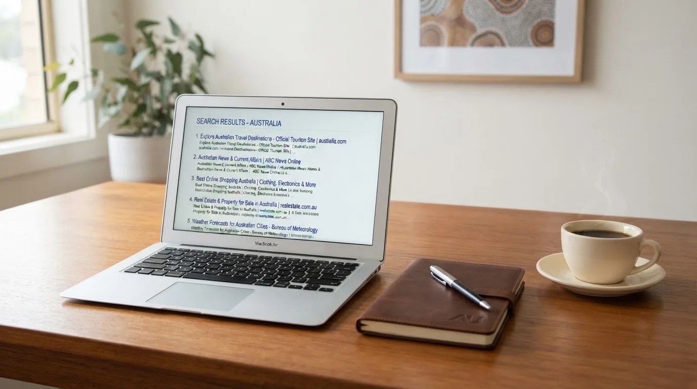 A tidy desk with a laptop open on a plain search-results page, a notebook and a coffee cup beside it, no screens showing any casino branding.