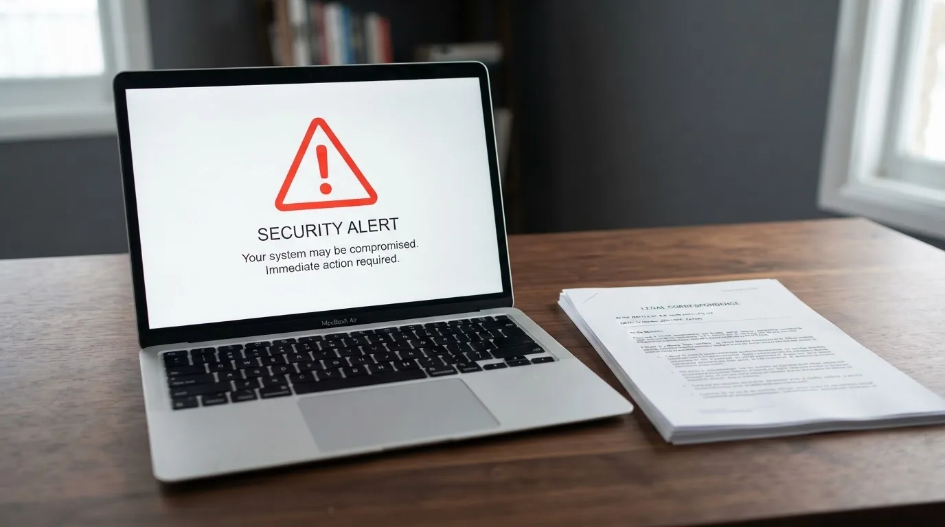 A red triangular warning sign icon on a laptop screen next to a stack of legal papers, symbolising an official caution rather than any specific website.