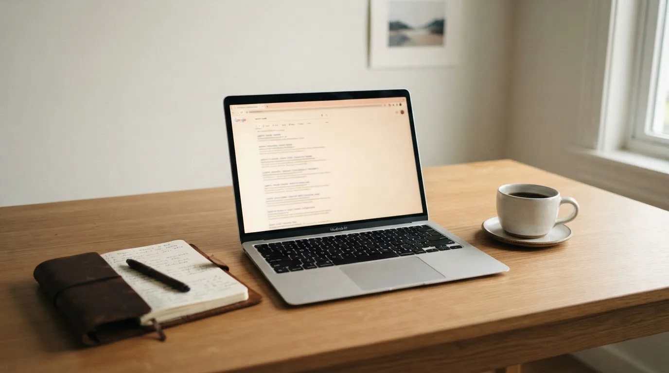 A tidy desk with a laptop open on a plain search-results page, a notebook and a coffee cup beside it, no screens showing any casino branding.