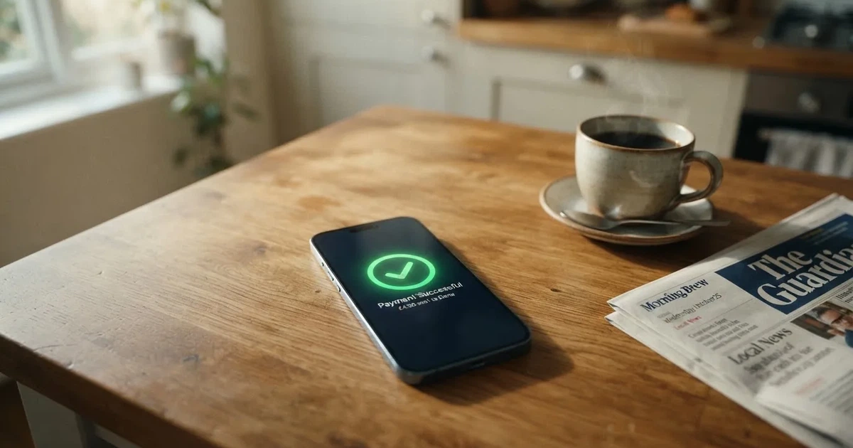 A smartphone screen showing a generic bank-transfer confirmation tick, held over a kitchen table.