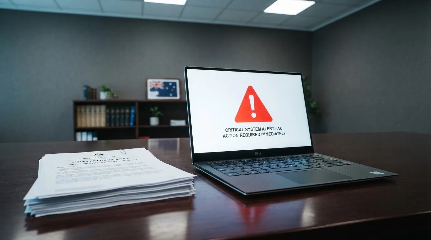 A red triangular warning sign icon on a laptop screen next to a stack of legal papers, symbolising an official caution rather than any specific website.
