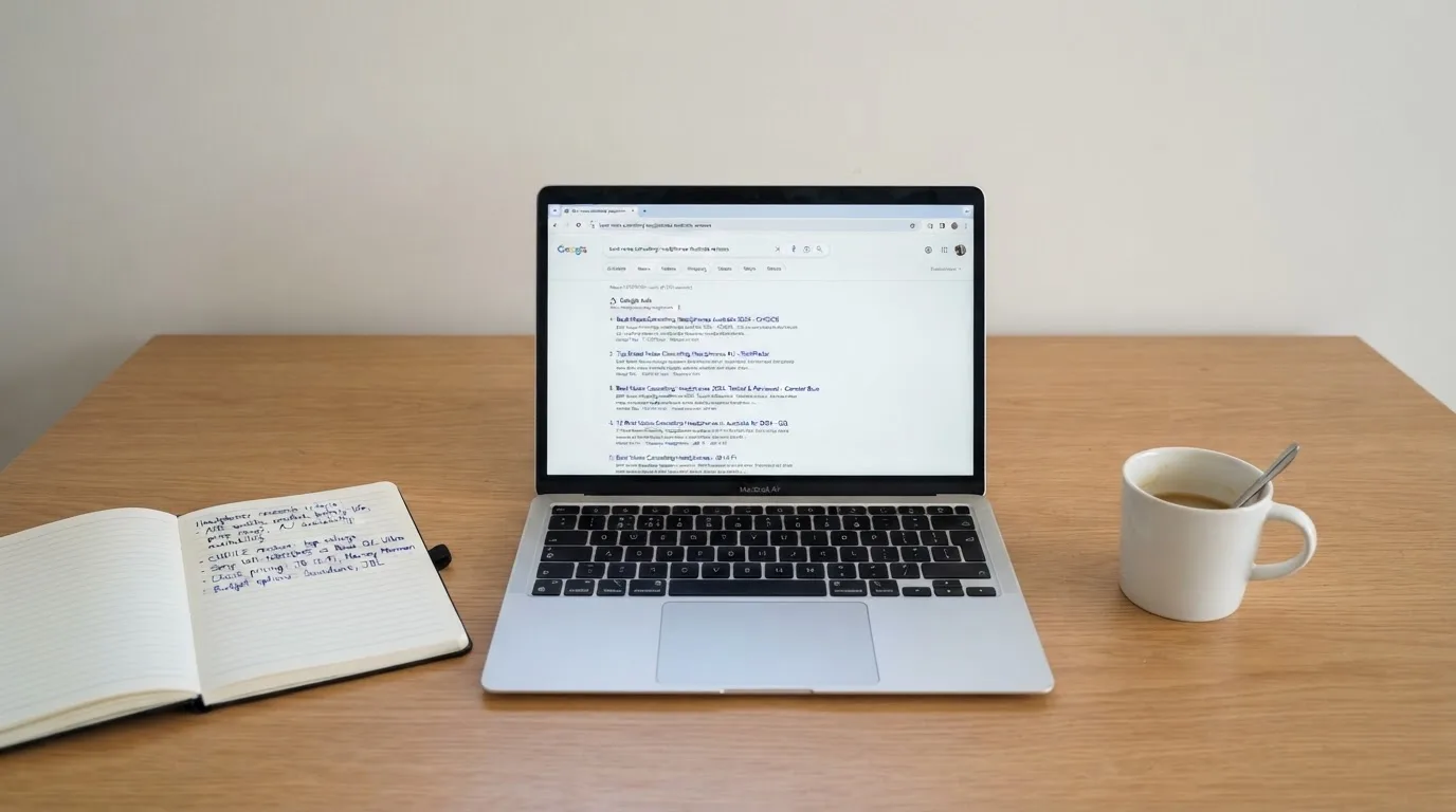 A tidy desk with a laptop open on a plain search-results page, a notebook and a coffee cup beside it, no screens showing any casino branding.