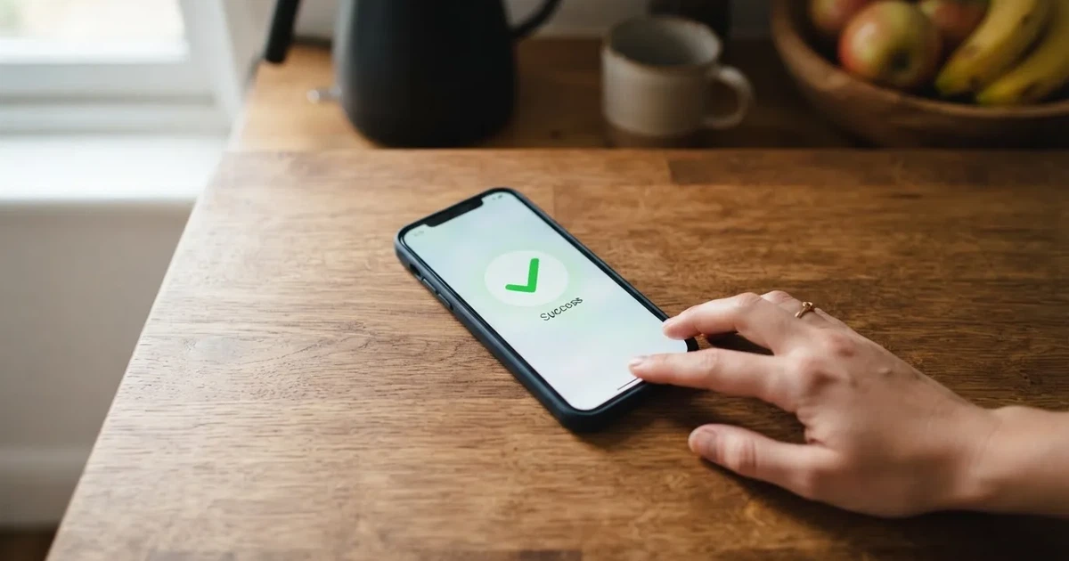 A smartphone screen showing a generic bank-transfer confirmation tick, held over a kitchen table.