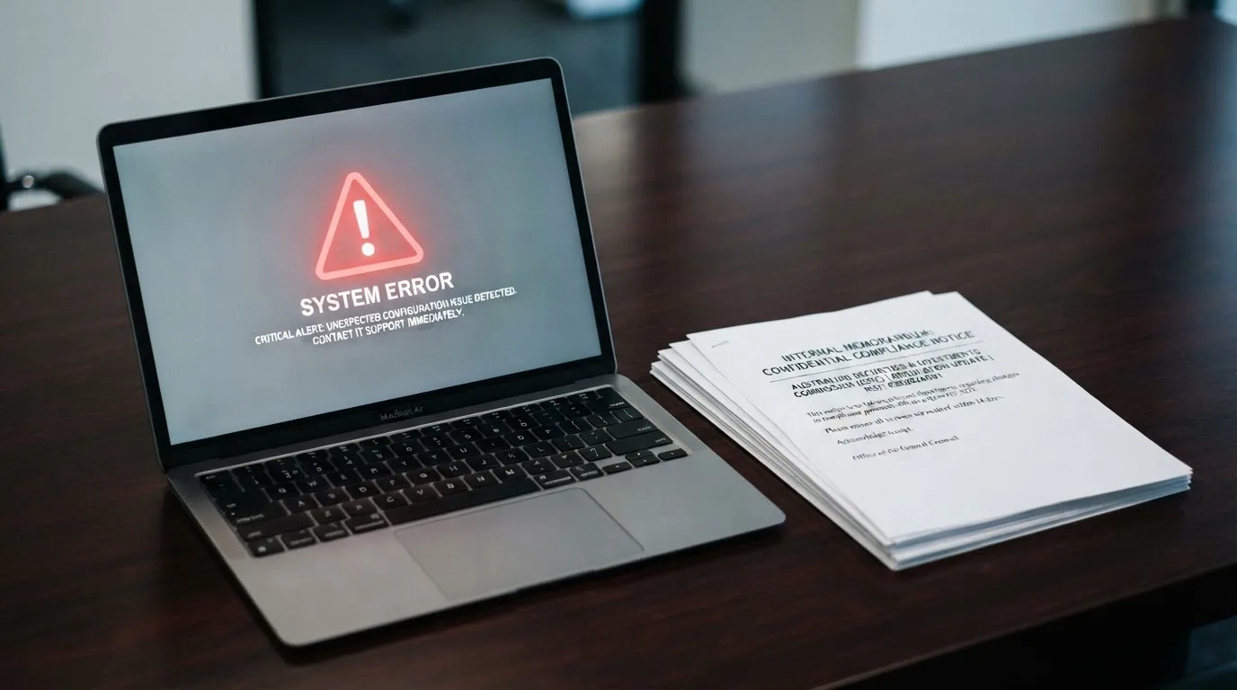 A red triangular warning sign icon on a laptop screen next to a stack of legal papers, symbolising an official caution rather than any specific website.