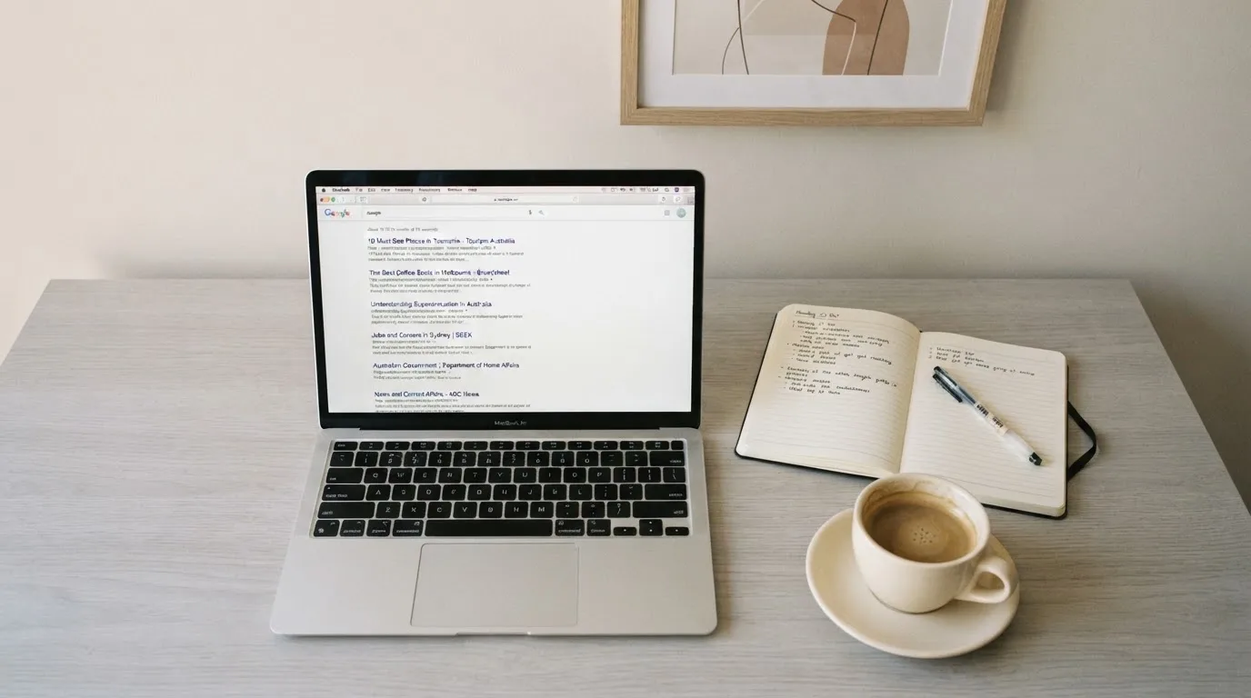 A tidy desk with a laptop open on a plain search-results page, a notebook and a coffee cup beside it, no screens showing any casino branding.