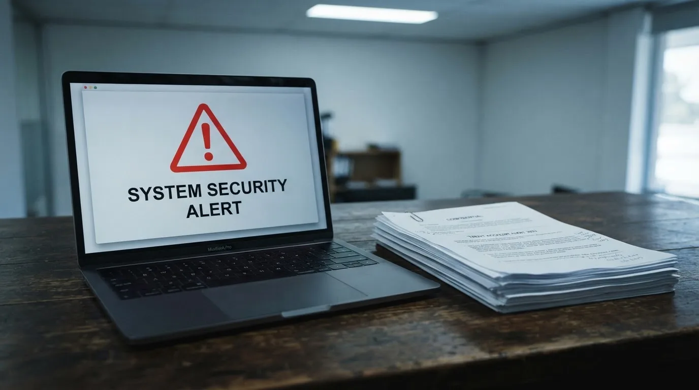 A red triangular warning sign icon on a laptop screen next to a stack of legal papers, symbolising an official caution rather than any specific website.