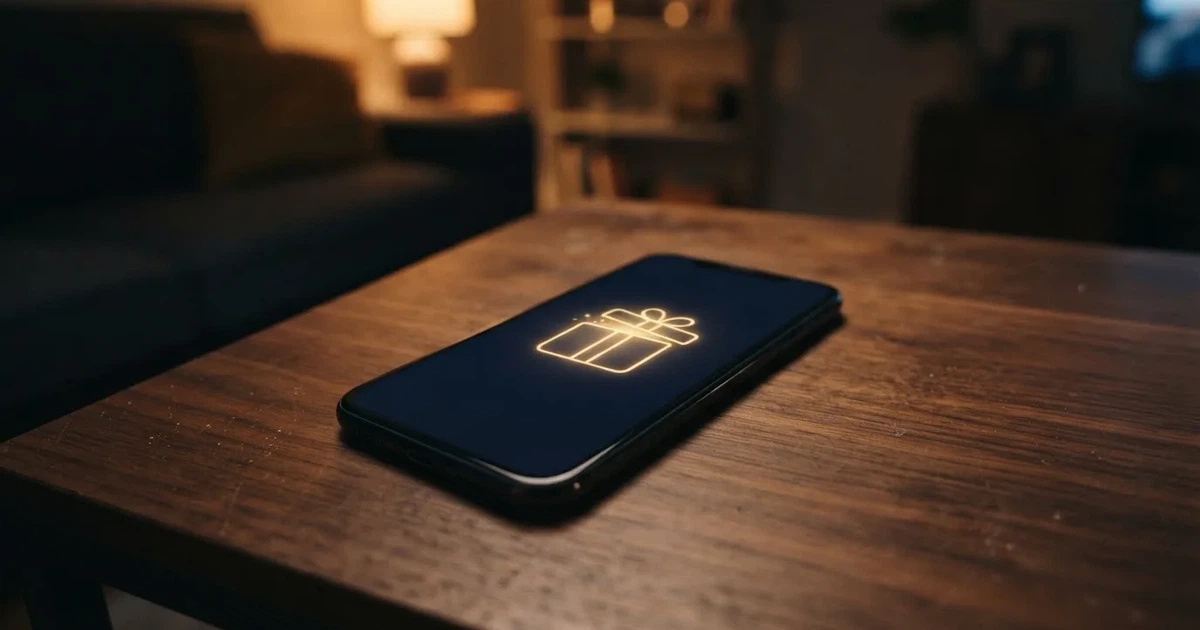 A gift box icon glowing on a phone screen, held at arm's length, suggesting an unopened offer rather than an active game.