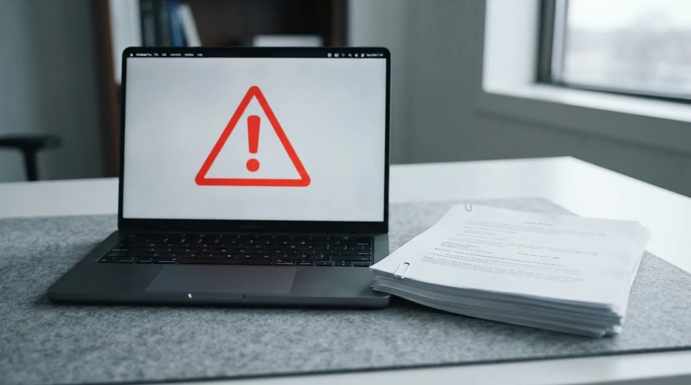 A red triangular warning sign icon on a laptop screen next to a stack of legal papers, symbolising an official caution rather than any specific website.