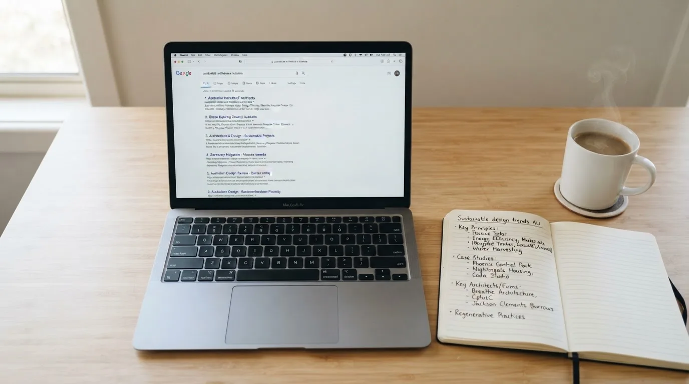 A tidy desk with a laptop open on a plain search-results page, a notebook and a coffee cup beside it, no screens showing any casino branding.