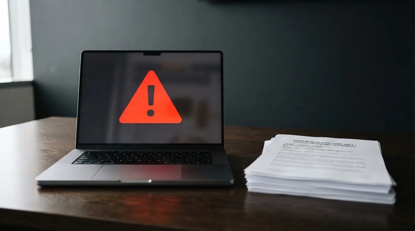 A red triangular warning sign icon on a laptop screen next to a stack of legal papers, symbolising an official caution rather than any specific website.