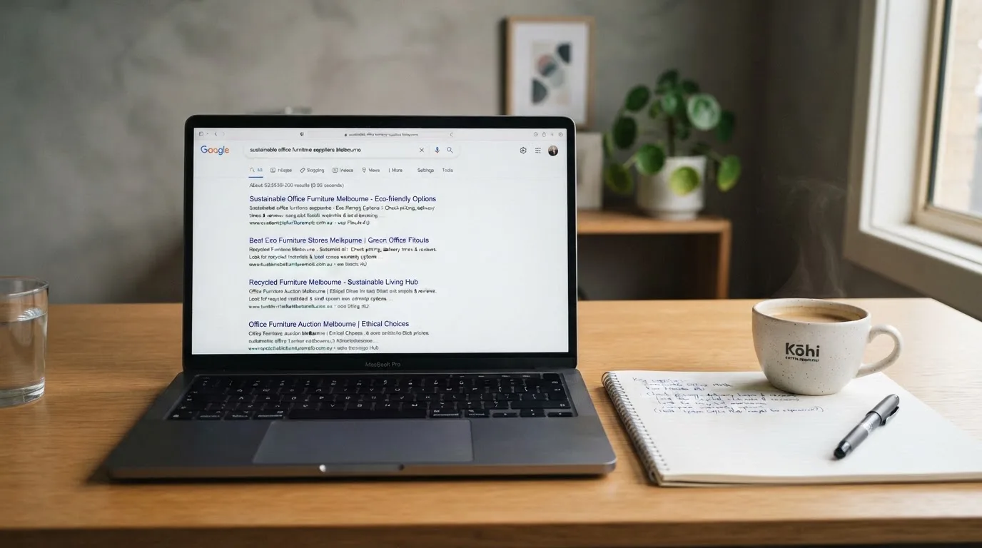 A tidy desk with a laptop open on a plain search-results page, a notebook and a coffee cup beside it, no screens showing any casino branding.