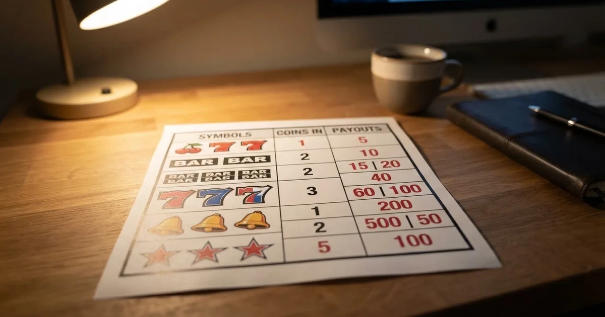 A printed strip of generic slot symbols and payout numbers laid on a desk, like a reference chart rather than a live game.