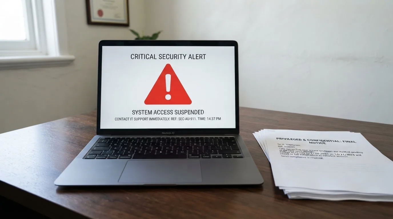A red triangular warning sign icon on a laptop screen next to a stack of legal papers, symbolising an official caution rather than any specific website.