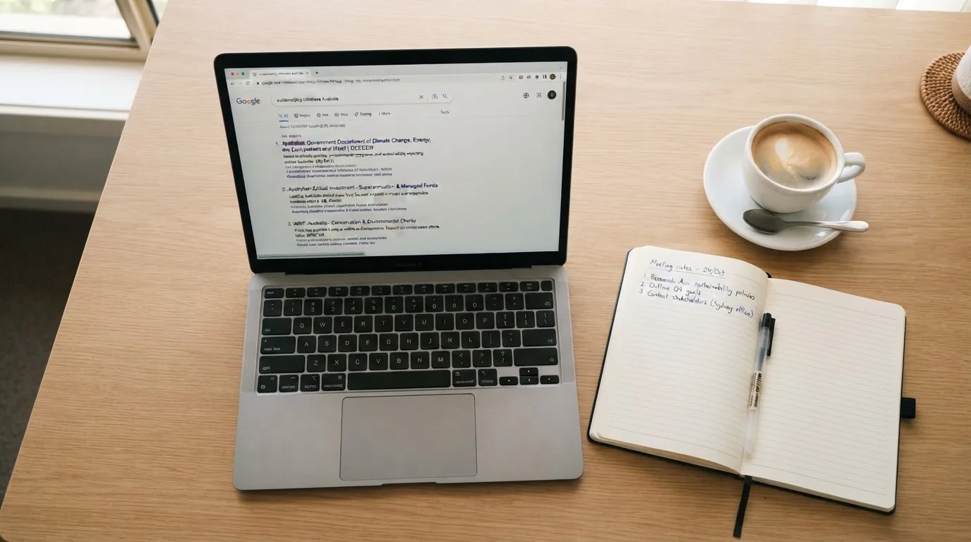 A tidy desk with a laptop open on a plain search-results page, a notebook and a coffee cup beside it, no screens showing any casino branding.