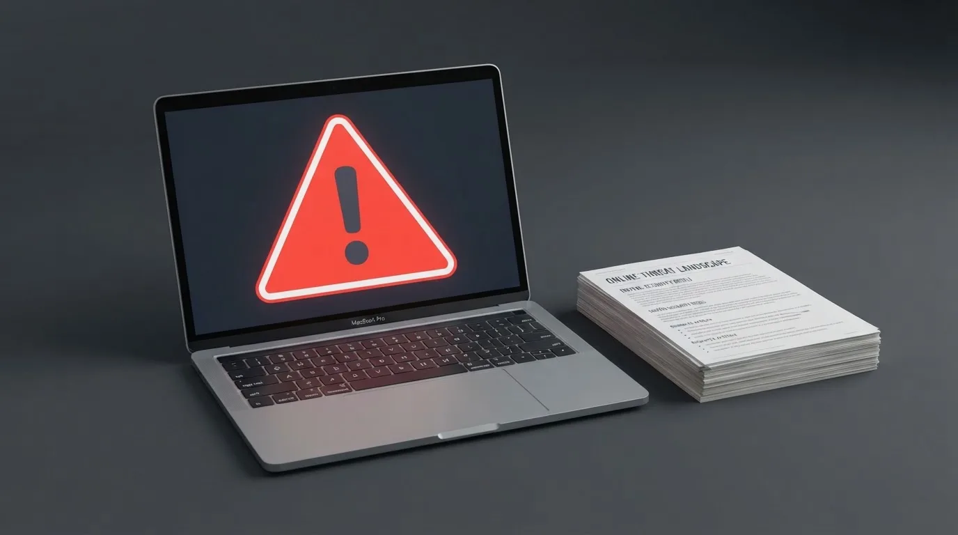 A red triangular warning sign icon on a laptop screen next to a stack of legal papers, symbolising an official caution rather than any specific website.